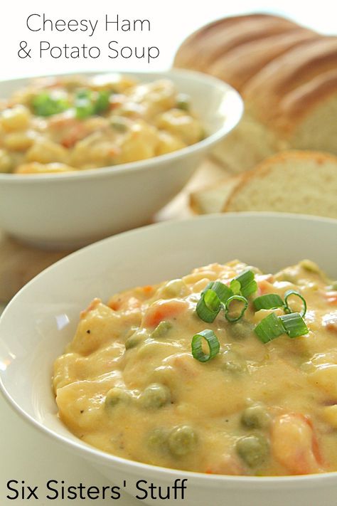 Cheesy Ham and Potato Soup on SixSistersStuff.com- perfect for a fall day! Cheesy Ham And Potato Soup, Ham And Potato Soup, Cheesy Ham, Ham Potato, Six Sisters Stuff, Six Sisters, Potato Soup Recipe, Savory Soups, Soup And Stew