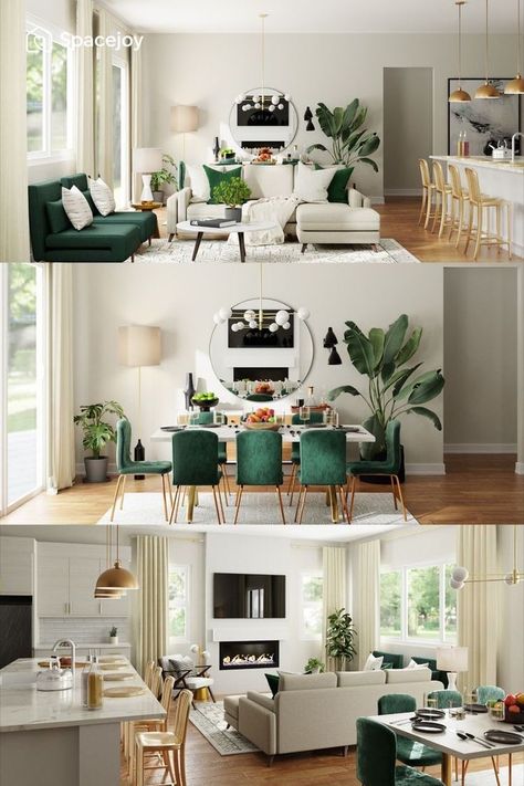 Open Space Living Room, Layout Living Room, Dining Room Layout, Green Living Room Decor, Living Room Dining Room Combo, Open Concept Living Room, Living Room Design Inspiration, Dining Room Combo, Luxury Bed