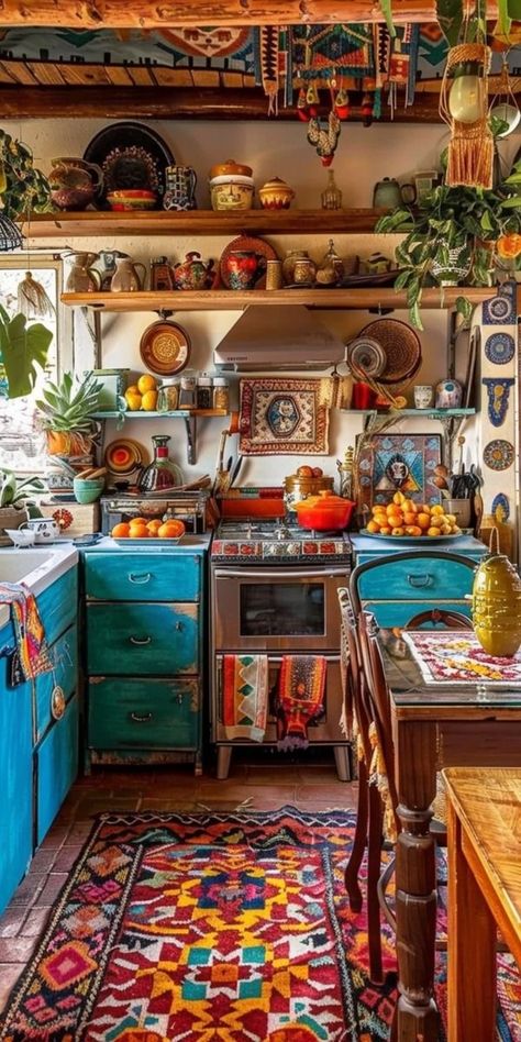 Eccentric Kitchen, Boho Style Kitchen, Bohemian Kitchen, Boho Styl, Colorful Kitchen, Mexican Home, Eclectic Kitchen, Boho Kitchen, House Decorating