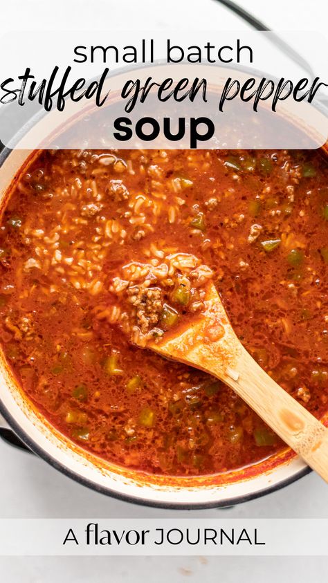 An “unstuffed” pepper soup recipe, if you will. 🙂 This small batch stuffed pepper soup recipe makes 1 1/2 quarts, and tastes even better as leftovers! I love to use lean ground beef, onion, green bell pepper, seasonings, beef broth, tomato sauce, and cooked rice for this soup recipe. #stuffedpeppersoup #soupfortwo #greenpeppersoup #smallbatchrecipes #souprecipes Recipe With Green Peppers, Small Batch Soup, Unstuffed Pepper Soup, Stuffed Green Pepper Soup, Stuffed Pepper Soup Crockpot, Green Bell Pepper Recipes, Stuffed Green Pepper, Peppers Ground Beef, Soup For Two