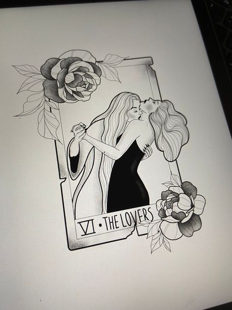 Lesbian Tarot Card Tattoo, Tarot Card Drawings Lovers, The Lovers Tarot Card Tattoo Design, The Lovers Tarot Tattoo, Angelica Tattoo, Wlw Tattoo Ideas, Tarot Cards Drawing, Tarot Card Drawings, Sapphic Tattoo Ideas