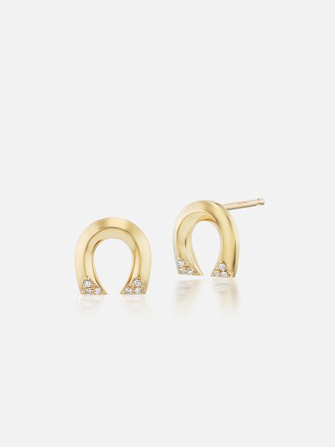 18K yellow gold diamond tiny horseshoe stud earrings. Sold as a pair. Need a little luck on your side? Our tiny horseshoe is Lauren’s ode to one of her childhood passions: horseback riding. As legend has it, wearing a horseshoe facing down allows good fortune to flow out — and don’t we all need a little protection these days? Made to order. The current lead time is 8-10 weeks. Earrings Stud, Horseshoe Earrings, Gold Jewelry Simple, Summer Earring, Diamond Bangle, Beauty Items, Precious Gemstones, Lucky Charm, Jewelry Inspo