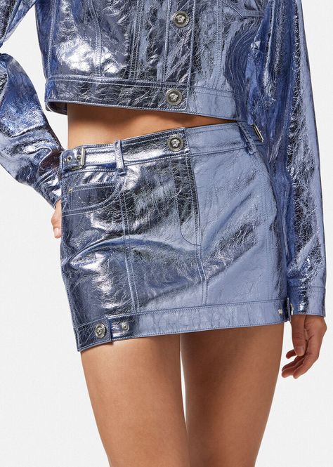 Versace Metallic Skirt, Versace Dua Lipa Collection, Versace Dua Lipa, Dua Lipa X Versace, Metallic Denim, Mini Skirt Style, Luxury Clothes Men, Designer Skirts, Versace Home