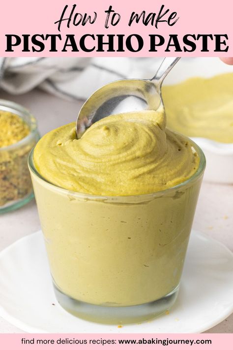 This pistachio paste is super easy to make with one ingredient only. It is a great base to give a delicious pistachio flavour to your favourite creams, frostings, cakes, ice cream and desserts! Pistachio Paste Recipe, Pistachio Paste, Marzipan Recipe, Cakes Ice Cream, Pistachio Dessert, Raw Pistachios, Pistachio Butter, Baking Hacks, Pistachio Ice Cream