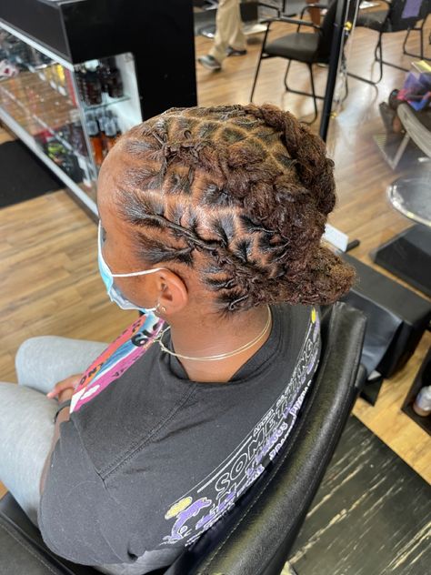 Retwist Updo, Locs Hairstyles Short, Dread Updos, Retwist Styles, Interlocking Locs, Spirituality Journey, Short Dread Styles, Loc Goals, Loc Goddess