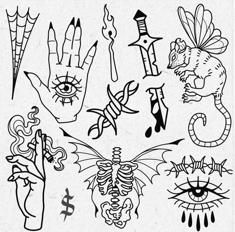 ✨New flash available✨ DM me if you see a design you're drawn to and want to inquire about an estimate or set up an appointment!! :) #flash#flashdesign#flashsheet#tattooflash#tattooartist#tattooapprentice#apprenticetattoo#blackandgreytattoo#blackwork#linework#tattoo#procreate Stammestattoo Designs, Tato Flash, Tato Tradisional, Creepy Halloween Decorations, Tattoo Sketch, Tattoo Flash Art, Tattoo Life, School Tattoo, Flash Art