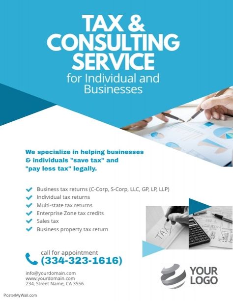 Tax & Consulting Services Flyer Poster Template Tax Consulting, Printable Business Cards, Income Tax Return, Tax Services, Promotional Flyers, Accounting Firms, Business Tax, Accounting Services, Flyer Poster