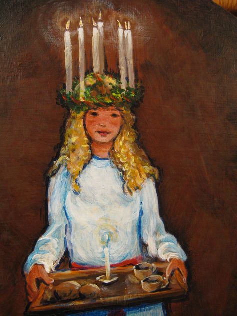 Closeup of Lucia painting Dark Yule, Swedish Folklore, Santa Lucia Day, St Lucia Day, Holly King, Pagan Yule, Creepy Christmas, Swedish Christmas, Christmas Decor Inspiration