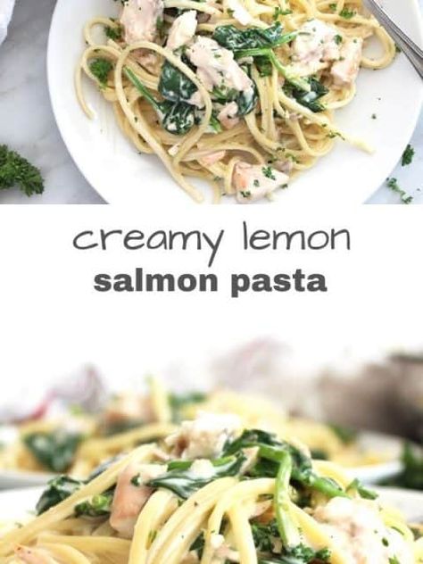 Tinned Salmon Pasta, Lemon Salmon Pasta, Tinned Salmon Recipes, Creamy Lemon Salmon, Pasta Bake Vegetarian, Salmon Pasta Recipes, Creamy Garlic Pasta, Lemon Salmon, Salmon Pasta