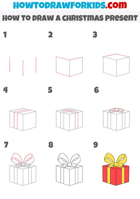 how to draw a christmas present step by step Simple Drawings For Christmas, How To Draw A Christmas Present, How To Draw Presents, What To Draw For Christmas, Easy To Draw Christmas Pictures, How To Draw A Present, Cute Simple Christmas Drawings, Christmas How To Draw, Step By Step Drawing Christmas