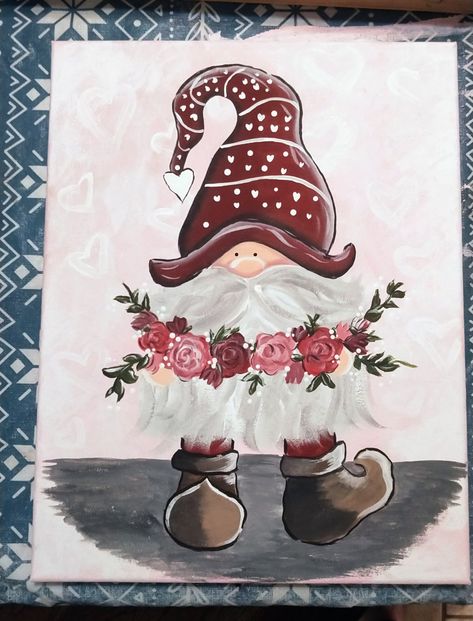 Valentine’s Day Canvas Ideas, Valentines Day Painting Ideas, Ffa Crafts, Gnome Canvas Painting Ideas, Easy Gnome Paintings On Canvas, Valentine Theme Canvas Painting, Valentine Gnome Painting, Valentine Gnome Painting Canvas, Valentine Painting