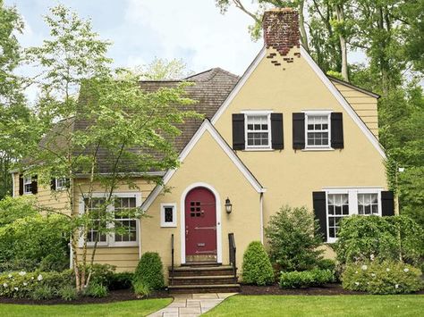 Yellow Brick House Exterior, Yellow House Exterior, Yellow Brick Houses, Painted Bricks, Exterior House Colors Stucco, Black Shutters, Yellow Cottage, Concept Model, Hardscape Design