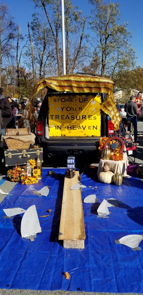 Store your treasures in heaven, trunk or treat Store Your Treasures In Heaven, Store Up Your Treasures In Heaven, Treasure Trunk Or Treat, Christian Trunk Or Treat Ideas For Cars, Church Trunk, Trunk Ideas, Treasures In Heaven, Supper Ideas, Study Group