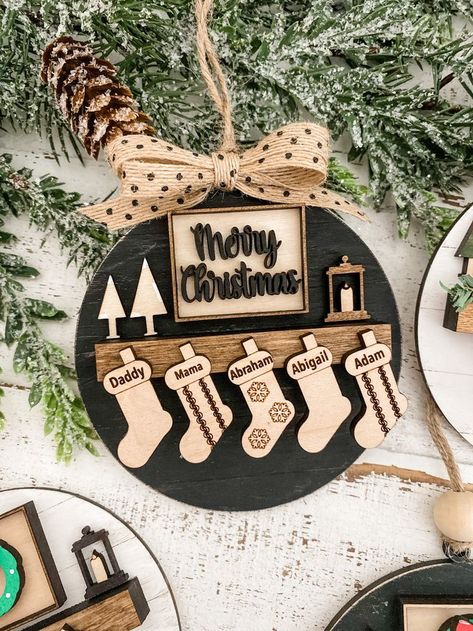 Surprise loved ones with unique Glowforge gifts featuring laser engraved designs. Discover easy crafts to sell that add a personal touch to every celebration this year! Christmas Ornament Hangers, Laser Wood Christmas Ornaments, Engraved Door Signs, Laser Cut Ornaments Christmas, Cricut Wood Cutouts, Laser Ornaments Christmas, Laser Projects Ideas, Family Ornaments Personalized, Laser Cut Christmas Ornaments