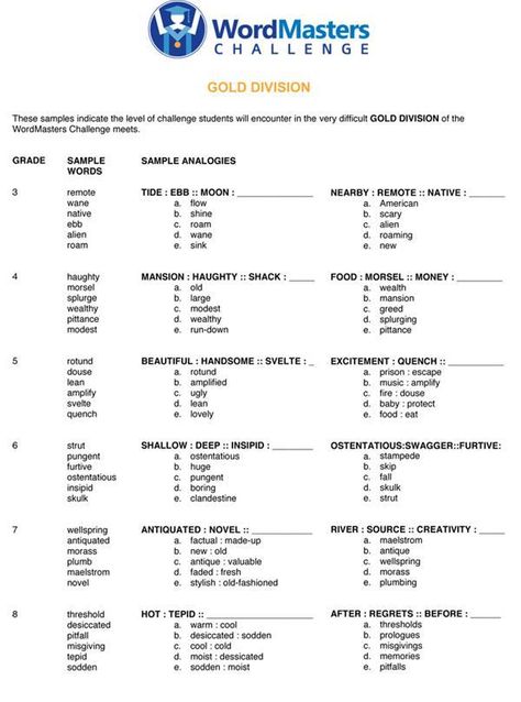 Sample Analogies Word Lists | WordMasters Challenge: Gold Division Analogy Examples, Word Analogies, Worksheets For Middle School, Verbal Reasoning, Back To School Worksheets, Guide Words, Word Family Worksheets, Chemistry Worksheets, Improve Your Vocabulary