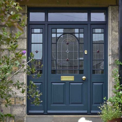 Front Door Design Ideas, Bay Window Exterior, Timber Front Door, Victorian Front Doors, Door Design Ideas, Traditional Front Doors, Front Door Styles, Blue Front Door, Wooden Main Door