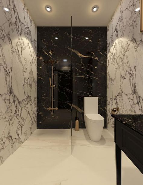 Black And White Marble Bathroom, Popular Bathroom Designs, Black Marble Bathroom, Marble Walls, Marble Bathroom Designs, White Marble Bathrooms, Bilik Air, Shower Area, Georgian House