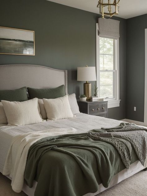 Dark Green Accent Wall, Grey Green Bedrooms, Grey Bedroom Paint, Green Accent Wall, Dark Green Rooms, Gray Upholstered Headboard, Gray Bedding, Green Headboard, Colorful Bedroom Decor