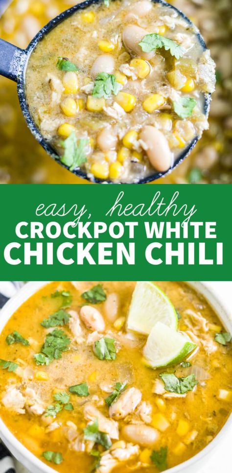 Protein Beans, Healthy White Chicken Chili, Clean Eating Crockpot, White Chicken Chili Healthy, White Chicken Chili Slow Cooker, White Chicken Chili Recipe, Chicken Crockpot Recipes Healthy, Clean Eating Soup, Chicken Chili Crockpot