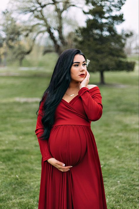 Red Pregnancy Dress, Red Gown Maternity Shoot, Valentines Theme Maternity Shoot, Red Maternity Shoot, Maternity Photography Poses Women, Burgundy Maternity Dress Photoshoot, Red Dress Maternity Shoot, Maternity Dresses Winter, Christmas Day Outfits