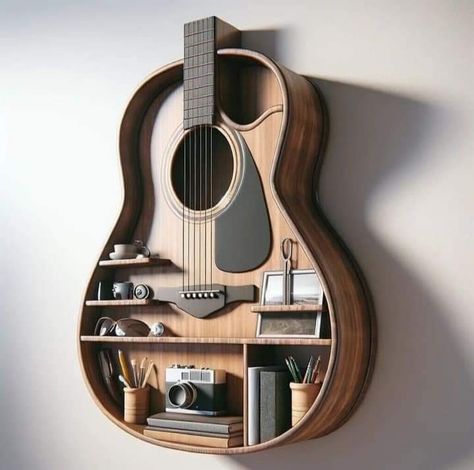 Guitar Decor Ideas, Guitar Shelves, Wall Shelf Ideas, Guitar Decor, Guitar Shelf, Wood Working Ideas, Shelf Arrangement, Rustic Wooden Shelves, Woodworking Basics