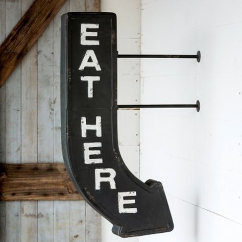 Ready for a backyard barbecue or farm and barn wedding reception! Rustic black metal with straight arm hanging rods. Both sides of the sign are embossed with the message. brbrUA HREF="http:ww... Park Hill Collection, Eat Sign, Arrow Wall Art, Arrow Sign, Arrow Signs, Diy Kitchen Decor, Retro Sign, Wayfinding Signage, Farmhouse Furniture