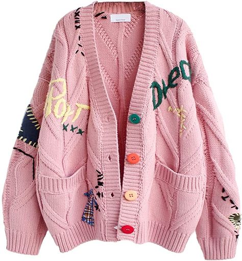 Amazon.com: Women's Cable Knit Long Sleeve Open Front Cardigan Sheep V-Neck Button Down Embroidery Wool Blend Sweater Coat Outwear (XS,Pink) : Clothing, Shoes & Jewelry Genz Outfits, Dik Vest, Trendy Embroidery, Pocket Embroidery, Pull Rose, Preppy Chic, Cozy Knit, Collars For Women, Embroidery Fashion