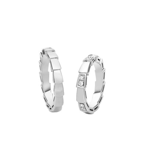 Serpenti Viper White Gold Couples' Rings with Diamonds | Bvlgari Bvlgari Wedding Ring, Wedding Rings Couple, Wedding Ring Couple, Rings With Diamonds, Rings And Bands, Couples Rings, Couple Ring Design, Luxury Wedding Rings, Engagement Rings Couple