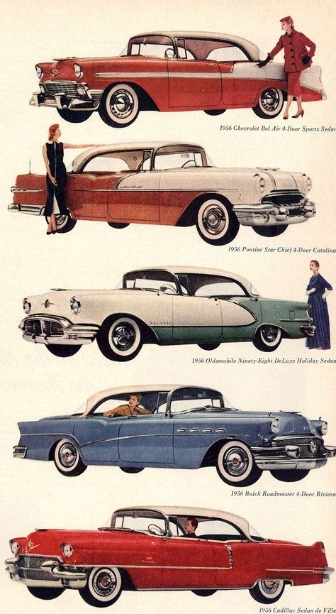 The Nifty Fifties — General Motors 1956 models. Car Advertisement, Vintage Auto's, Automobile Advertising, Auto Retro, American Classic Cars, Car Advertising, Old Car, Us Cars, Rat Rods