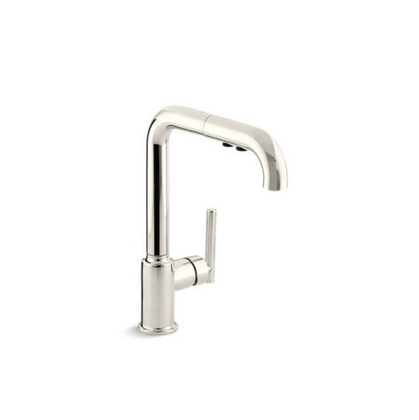 Plumb Supply Kitchens and Baths - Kohler - 7505-SN - Purist® single-hole kitchen sink faucet with 8'' pull-out spout Polished Nickel Kitchen Faucet, Polished Nickel Kitchen, Kohler Kitchen Sink, Kohler Kitchen, Single Hole Kitchen Faucet, Kohler Purist, Kohler Faucet, Pull Out Kitchen Faucet, Black Kitchen Faucets