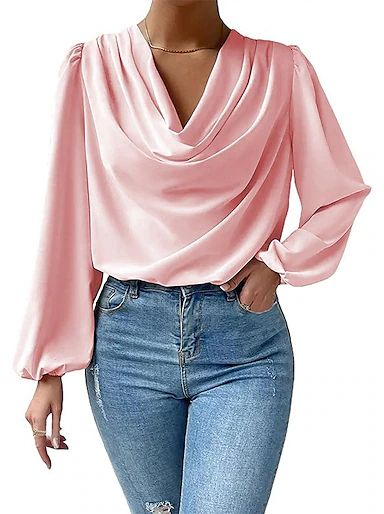 Bishop Sleeve Blouse, Winter Blouses, American Summer, Satin Bluse, Stylish Aesthetic, Stil Elegant, Estilo Chic, Chiffon Long Sleeve, U Neck