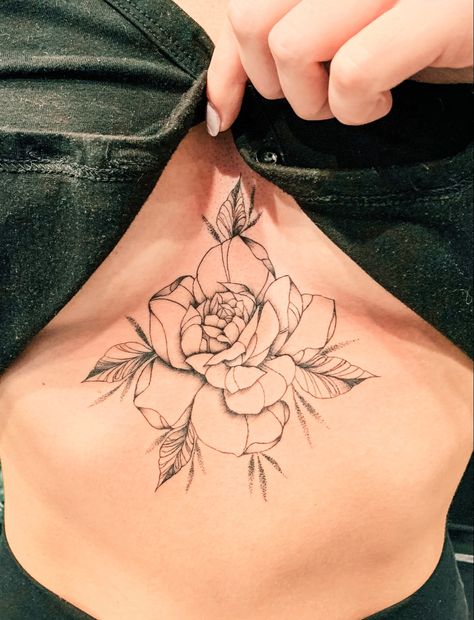 Flower Bouquet Tattoo Sternum, Sternum Rose Tattoo, Rose Sternum Tattoo, Rose Underboob Tattoo, Flower Bouquet Tattoo, Underboob Tattoo, Bouquet Tattoo, Sternum Tattoo, Large Tattoos