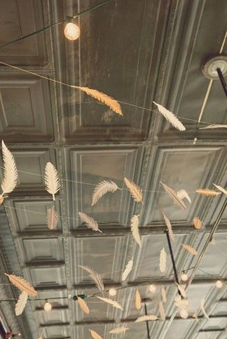 Feather Garland, Paper Feathers, Indoor Wedding Ceremonies, Bistro Lights, Indoor Wedding, The Ceiling, My New Room, Bird Feathers, Event Decor