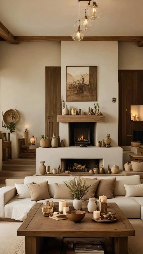 Large Living Room Layout, Peaceful Interior, Open Space Living Room, Tan Living Room, Spanish Home Decor, Earthy Home Decor, Modern Rustic Living Room, Sleek Furniture, White Living Room