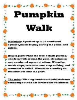 This game is perfect for reviewing numbers 1-20, a fun fall activity, or classroom Halloween parties! It works just like a regular "cake walk." While music plays, students walk in a circle on the numbered mats (print on cardstock and laminate for durability). When the music stops, a number will b... Great Pumpkin Party Ideas, Outside Fall Festival Games, Pumpkin Walk Game, Halloween Cake Walk Game, Cake Walk Game Instructions, Fall Festival Outdoor Games, Halloween Preschool Party Games, Halloween Games For Party Kids, Fall Activity Days Ideas Lds