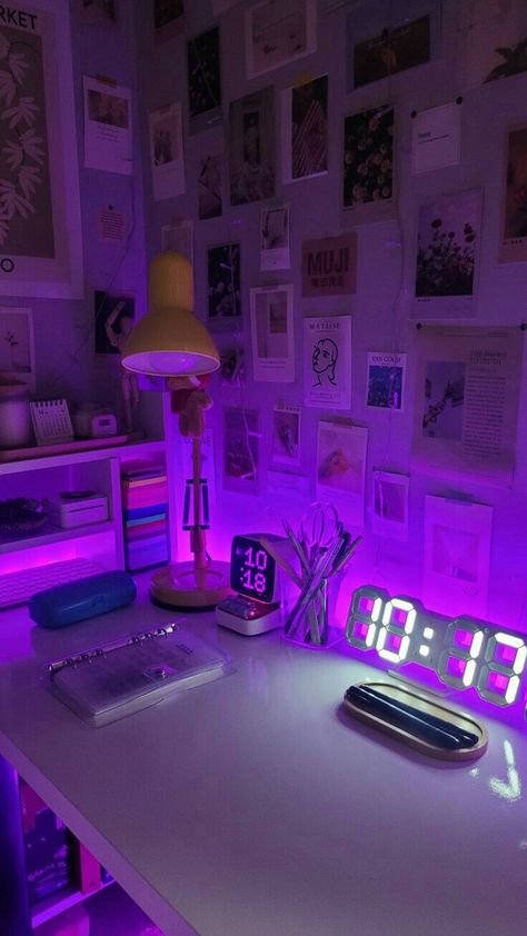 Purple Study Table, Purple Study Aesthetic, Study Table Setup, Study Table Ideas Aesthetic, Aesthetic Study Space, Purple Study, Study Desk Decor, White Room Decor, Neon Clock