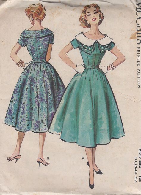 Vintage 1957 Misses'  Dress  Pattern, Boat Neckline Neckline, Wide Collar, McCall's 4394 1950s Dress Patterns, Butterick Dress Patterns, Mccalls Patterns Dress, Patron Vintage, Vintage Dress Patterns, Full Skirt Dress, Dress Making Patterns, Vintage 1950s Dresses, Mccalls Sewing Patterns