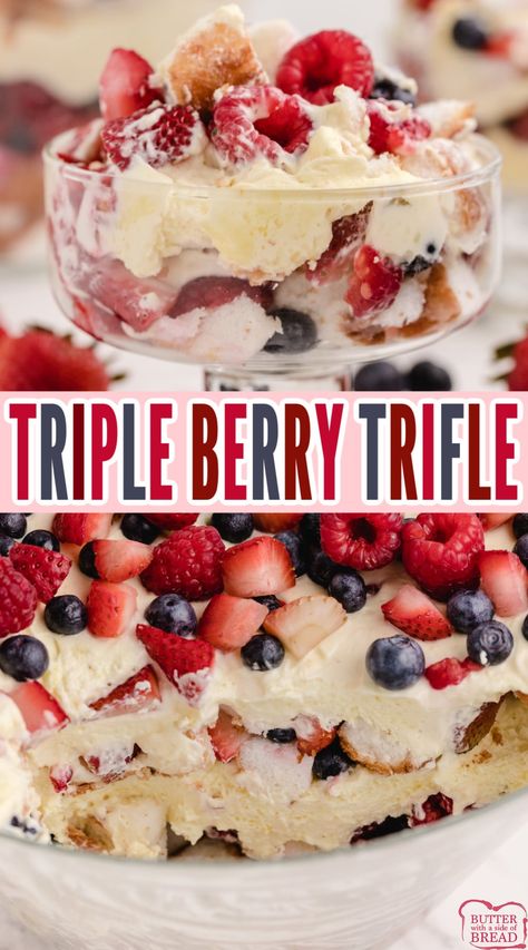 Triple Berry Trifle is a delicious no bake dessert made with whipping cream, vanilla pudding mix, angel food cake and three types of berries. Easy dessert recipe made in just a few minutes! Strawberry Trifle Angel Food Cake Cream Cheese, Pound Cake Trifle, Angel Food Cake Trifle, Cake Trifle, Trifle Dessert Recipes, Angel Food Cake Desserts, Fruit Trifle, Cool Whip Desserts, Blueberry Pound Cake