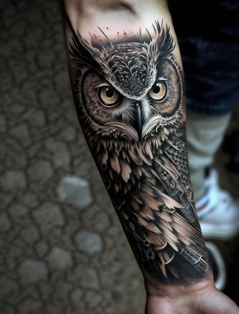 Arm Owl Tattoo, Men Owl Tattoo, Men Realism Tattoo, Owl Forearm Tattoo Men, Owl Arm Tattoo, Realistic Tattoo Design Ideas, Owl Tattoo Ideas, Hand Tattoo Ideas For Men, Realistic Owl Tattoo Men