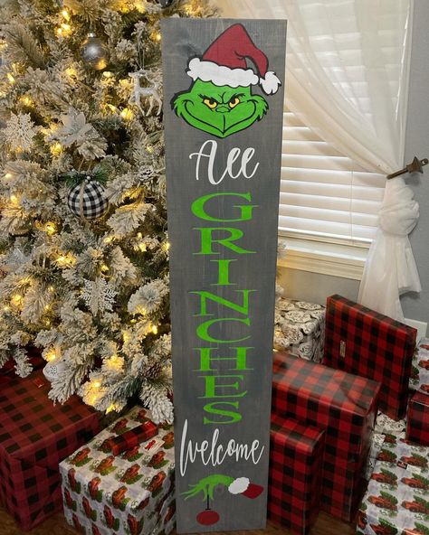 Who’s ready for Christmas!!?? #greenmonster #christmasdecor Grinch Welcome Sign, Grinch Signs Wooden Diy, Signs Wooden Diy, Grinch Signs, Grinch Sign, Grinch Images, Green Monsters, Ready For Christmas, Porch Sign