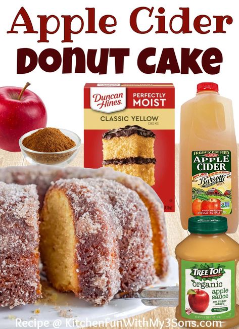 Are you looking for the perfect fall treat? This Apple Cider Donut Cake has an Apple Cider Glaze and topped with Cinnamon Sugar. Apple Cider Donut Cake Yellow Cake, Easy Apple Cider Bundt Cake, Apple Cider Cinnamon Donut Cake, Apple Cider Donut Cake Allrecipes, Apple Cider Donut Bundt Cake Country Living, Apple Cider Donut Mini Bundt Cake, Yellow Cake Mix Apple Cider Donut Cake, Apple Cider Box Cake, Apple Cider Donut Pound Cake