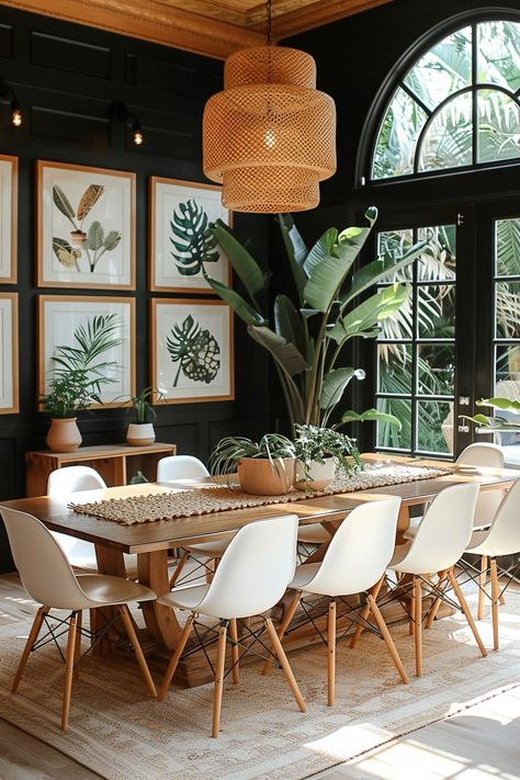 Dining room wall decor - Remodr How To Decorate A Large Wall Dining Room, Cozy Earthy Dining Room, Dining Area Wall Decor Ideas Modern, Picture Wall Dining Room, Fun Dining Room Ideas, Dining Room With Plants, Dining Room Plants, Diningroom Walldecor, Bohemian Dining Room Ideas