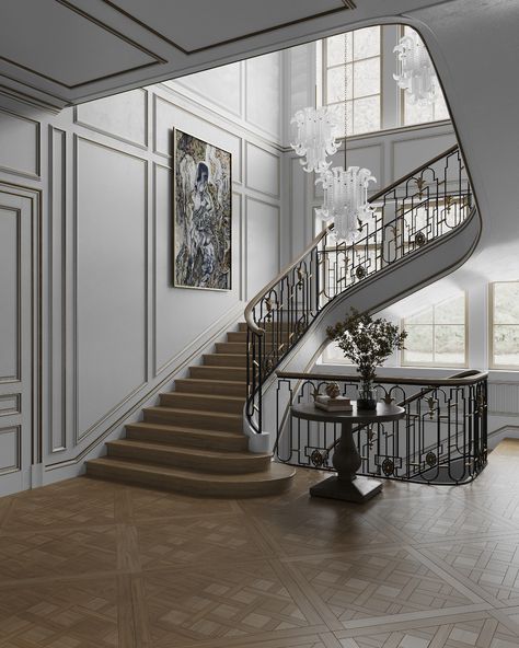 Grand Stairs Design, Neo Classic Stairs, Classic Stair Railing, Classical Staircase Design, Neo Classical Staircase, Georgian Stairs, Classic Stairs Design, Classical Staircase, Elegant Stairs