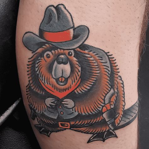 Beaver Tattoo Design Images (Beaver Ink Design Ideas) American Traditional Moose Tattoo, Traditional Tattoo Art Animal, Traditional Hippo Tattoo, Traditional Armadillo Tattoo, Trad Bear Tattoo, Cowboy Animal Tattoo, Animal Traditional Tattoo, American Traditional Animals, Traditional Raccoon Tattoo