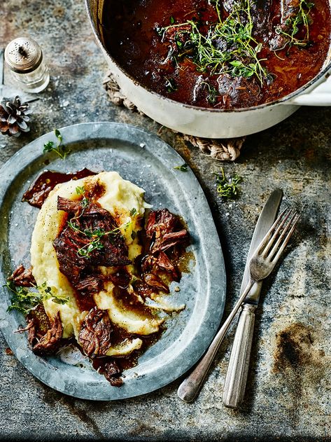 Beef cheeks in red wine | Jamie magazine recipes Beef Stew Dinner Party, Beef Stew Dinner, Beef Cheeks Recipe, Slow Cooked Beef Cheeks, Fakeaway Recipes, Beef Cheeks, Magazine Recipes, Jamie Oliver Recipes, Slow Cooked Beef