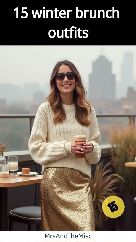 winter brunch outfits Casual Christmas Brunch Outfit, Sequin Skirt With Sweater, Christmas Outfit Skirt, Sweater With Skirt Outfit, Christmas Brunch Outfit, Knit Sweater Outfit Winter, Winter Brunch Outfits, Skirt With Sweater Outfit, Formal Sweater