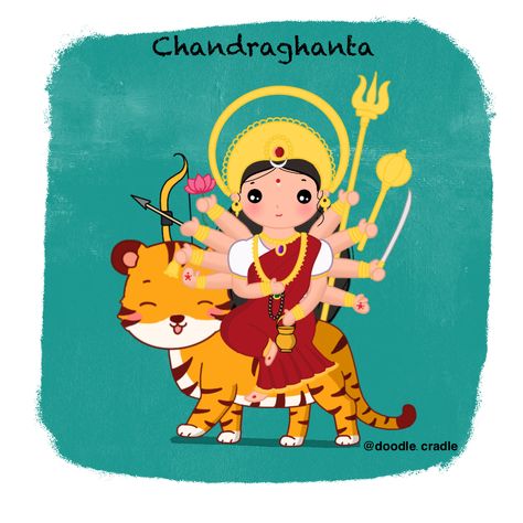 Chandraghanta is the third manifestation of Durga and is revered on the third day of Navratri. Her name, "Chandraghanta," is derived from two words: "Chandra," which means "moon," and "Ghanta," which means "bell”. This name signifies her characteristic feature of a half-moon (Chandra) that appears on her forehead, and she is often depicted with a bell (Ghanta) in one of her ten hands.She is the married avatar of Maa Parvati. She is the apostle of bravery and possesses great strength to fight in Maa Chandraghanta, Half Moon, Avatar, Moon