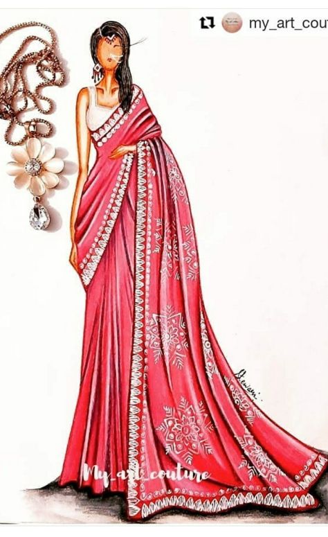 Sari Design Drawing, Saree Croquis, Indian Saree Illustration, Saree Illustration Fashion Sketch, Saree Drawing Sketches, Sari Sketch, Saari Illustration, Saree Illustration Sketch, Sari Drawing