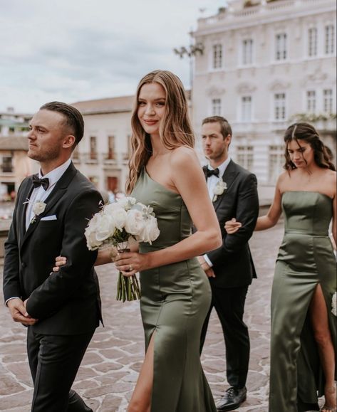 Olive Bridesmaids, Olive Bridesmaid Dresses, Olive Green Bridesmaid Dresses, Wedding Party Groomsmen, Bridal Party Groomsmen, Olive Green Weddings, Olive Wedding, Green Wedding Dresses, Bridal Party Attire