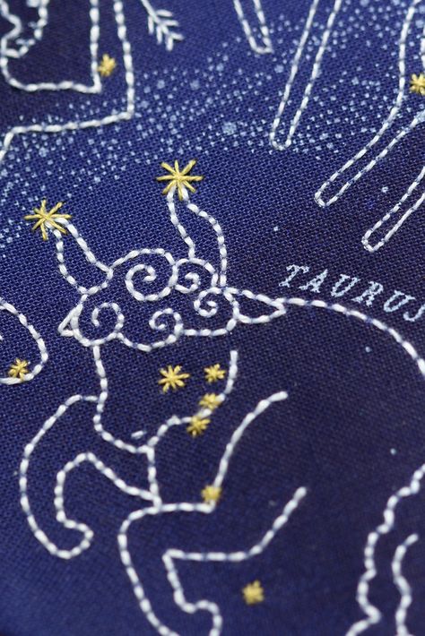 Based on historical planispheres, Star Map depicts the twelve zodiac signs as well as many of the other constellations that appear in the Northern Hemisphere. Screen printed layers of ink wash and illustration come together on fabric to create this stylized map that is a multi-level embroidery project! This hoop kit is either a Level 1 or 2: for a quick and simple project, stitch only the golden stars over the illustrated figures, or for a more intensive project, use a range of easy stitches ove Dmc Embroidery Floss, Easy Stitch, Star Embroidery, Ink Wash, Star Map, Embroidery Inspiration, Embroidery Floss, Embroidery Kits, Embroidery Projects